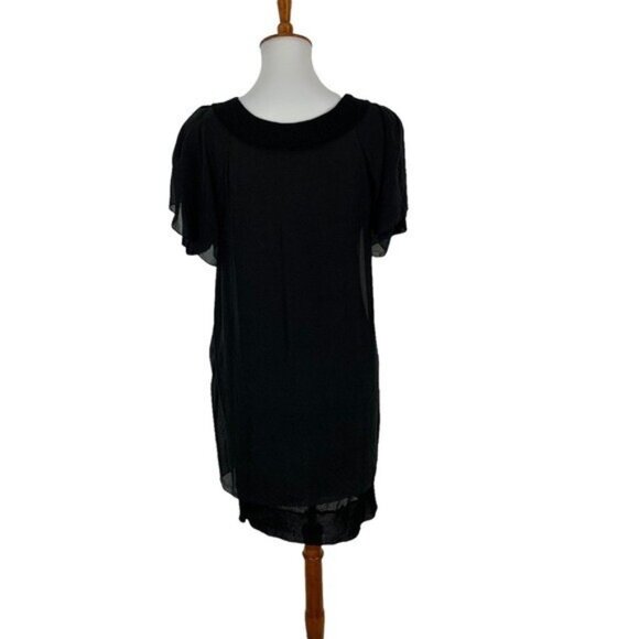 Black 100% Silk Sheer Flutter Sleeve Tunic Dress Womens Large Boho Minimalist - Picture 5 of 6